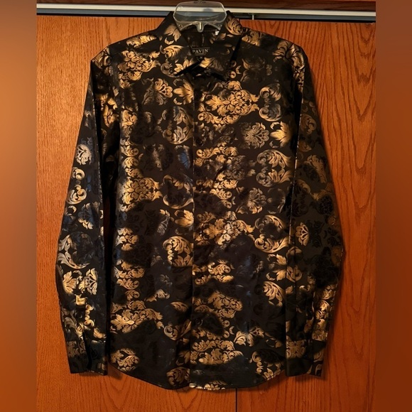 Pavini Other - Pavini Mens Size Medium Button Up Casual Dress Shirt Black And Golden Paisley